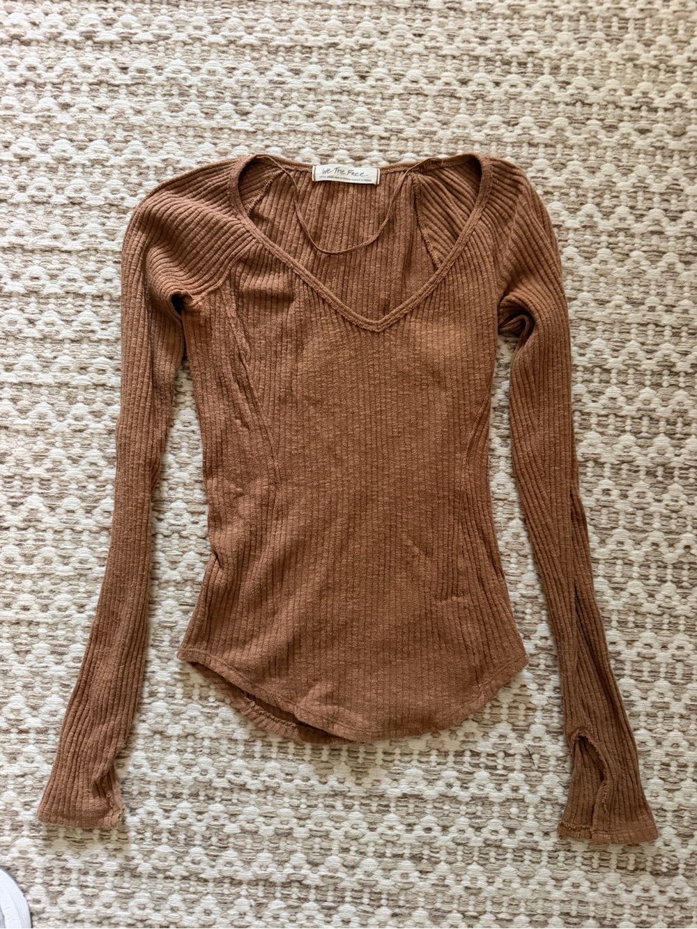 Free People Ribbed V-Neck Long Sleeve Top in Cocoa Brown